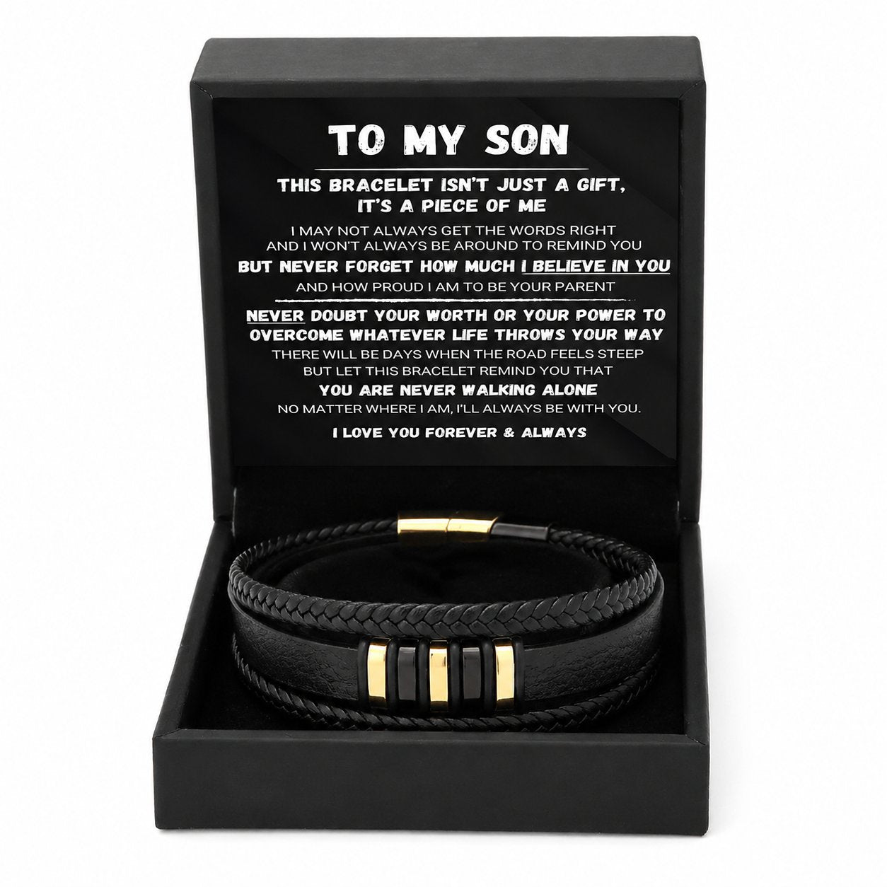 đ€Till min son â Sats med flĂ€tade armband med texten âGĂ„ aldrig ensamâ