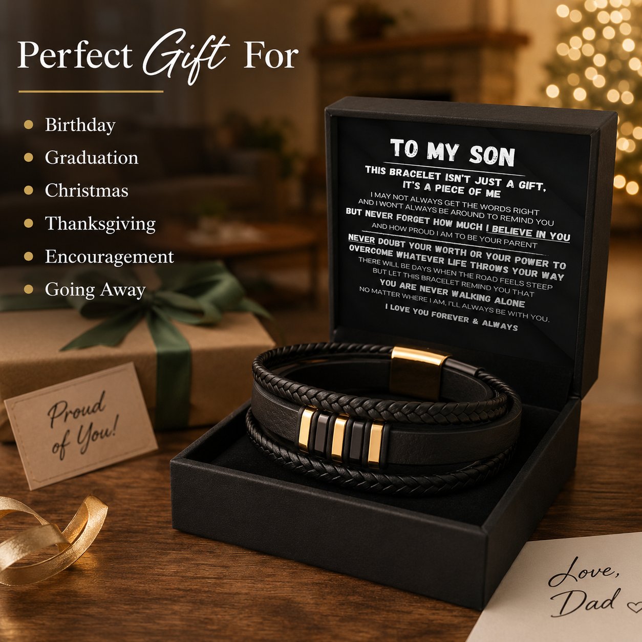 🖤Till min son — Sats med flätade armband med texten ”Gå aldrig ensam”
