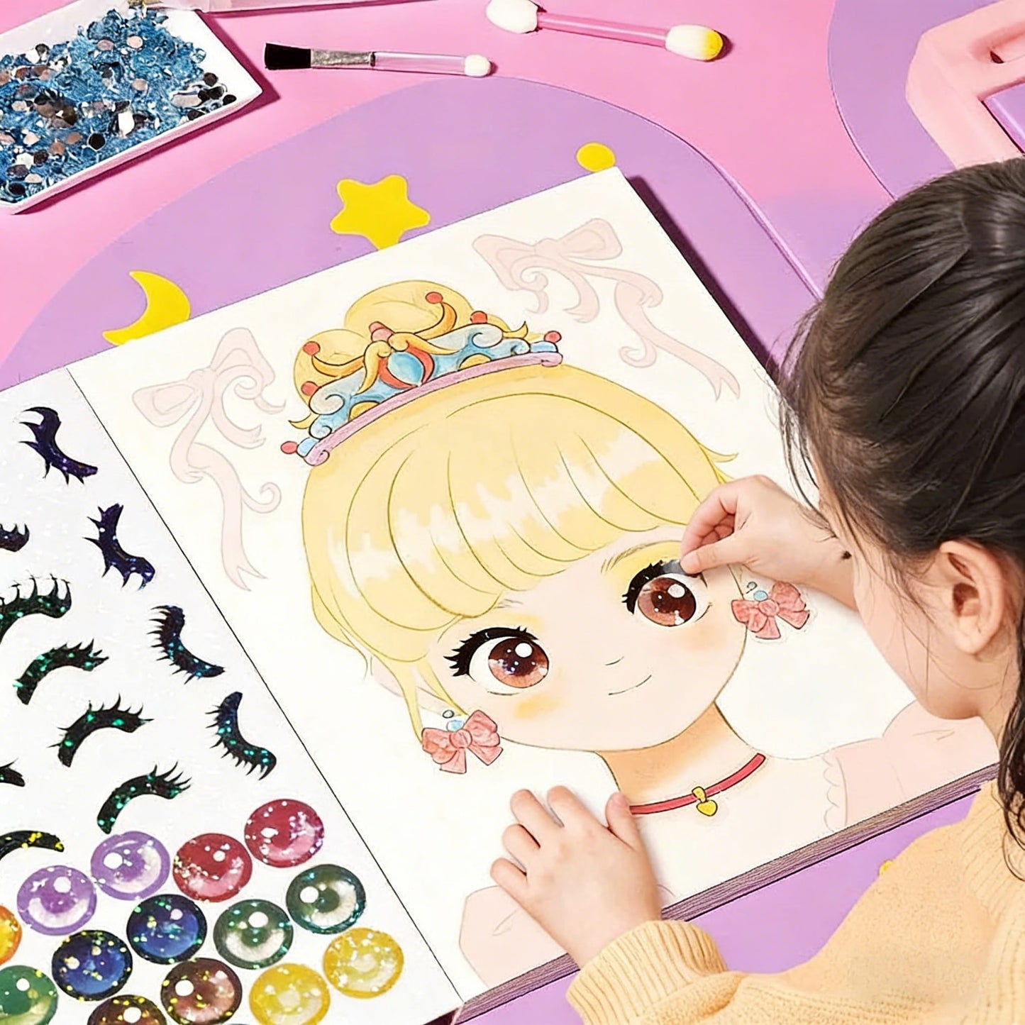 👸Prinsessans DIY-hantverkskit: smink, diamantkonst och klädsel
