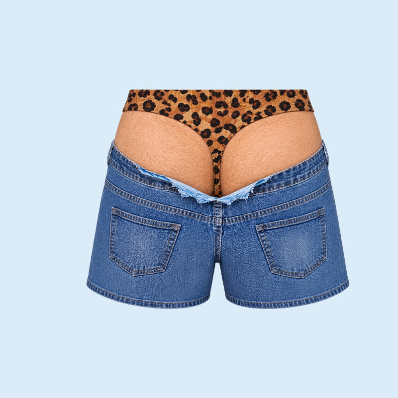 Roliga badbyxor i leopardmönster som ser ut som denim | Originella badbyxor med illusionseffekt