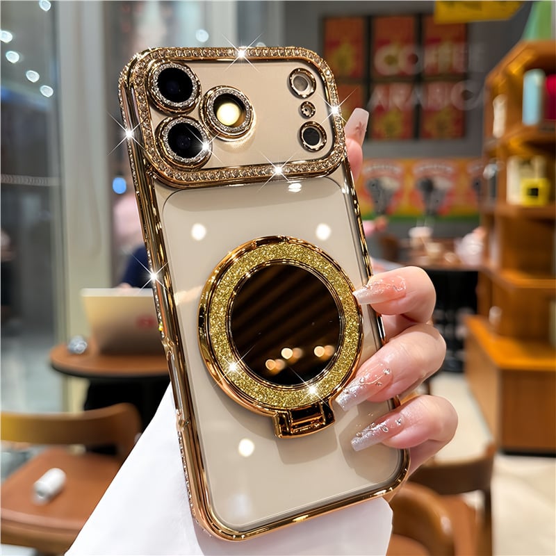 Damfodral med spegel och stativ för iPhone 12/13/14/15/16/17 Pro Max, 17 Air, 14/15/16 Plus