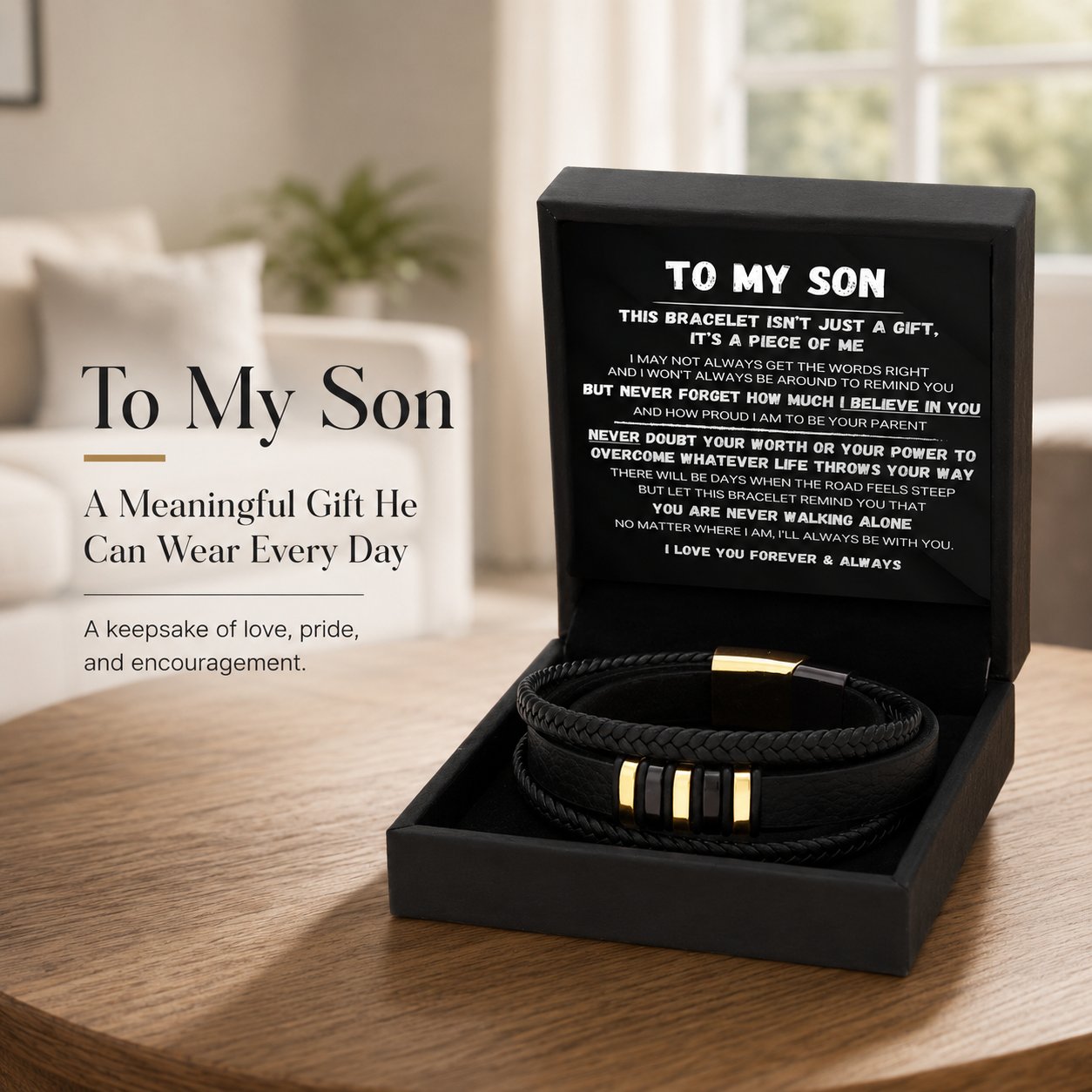 🖤Till min son — Sats med flätade armband med texten ”Gå aldrig ensam”