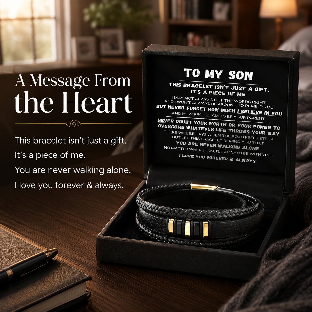 🖤Till min son — Sats med flätade armband med texten ”Gå aldrig ensam”