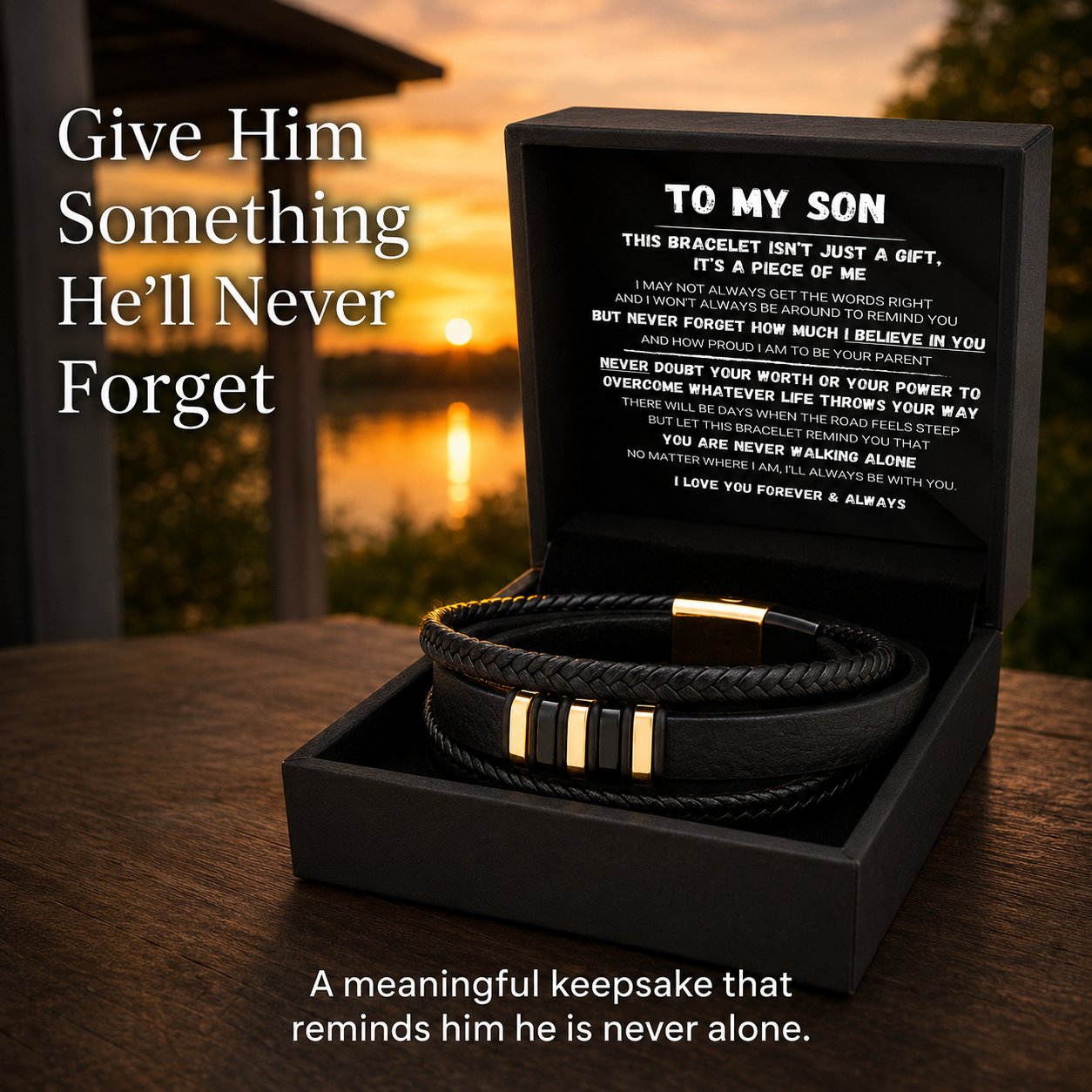 🖤Till min son — Sats med flätade armband med texten ”Gå aldrig ensam”