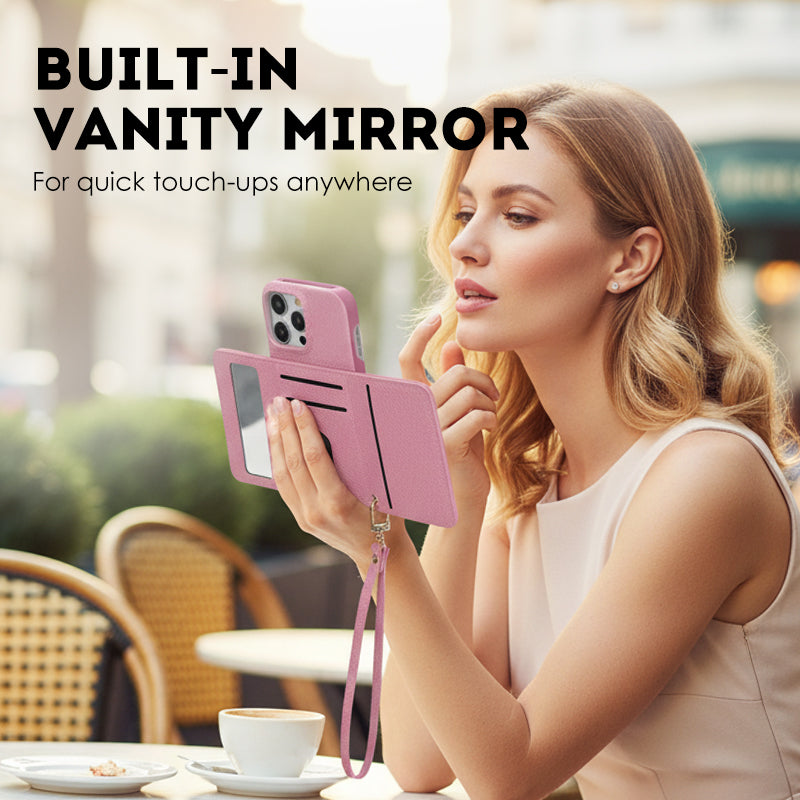 🔥Skyddande rosa telefonskal med spegel och handledsrem
